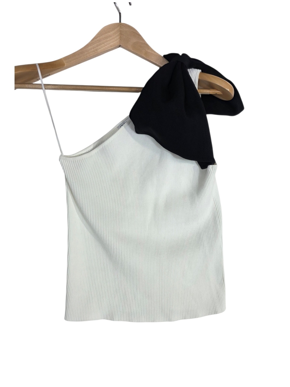Zara One-Shoulder Ribbed knit Tank Top with Black Bow - White